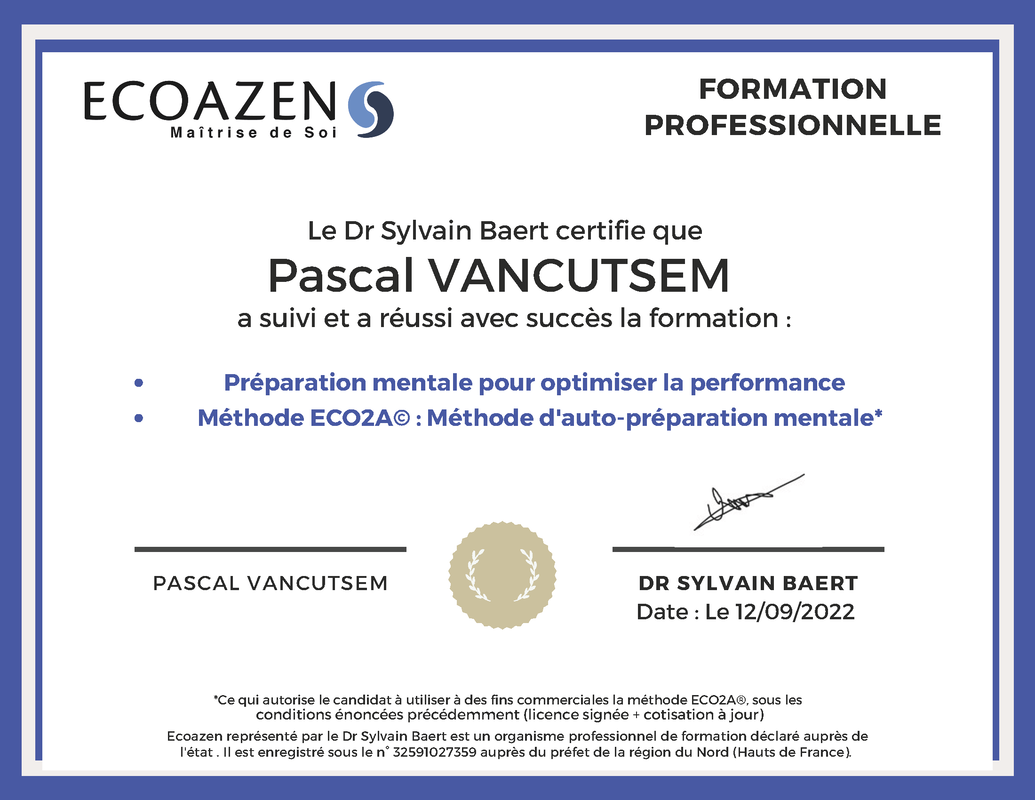 Diplome ECOAZEN Préparation Mentale Pascal Vancutsem Coaching et Performance