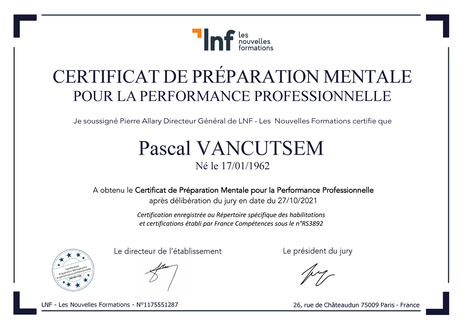 Certificat LNF Préparation Mentale Pascal Vancutsem Coaching et Performance